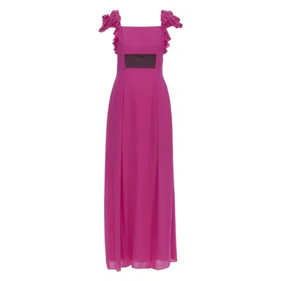 Pre-owned Escada Vintage Fuchsia Pink Black Silk Rose Applique Midi Gown Fr34 Xs In Red