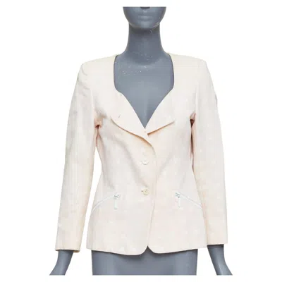 Pre-owned Escada Vintage Pink Cream Polka Dot Cotton Power Shoulder Blazer Jacket It36 Xxs In White