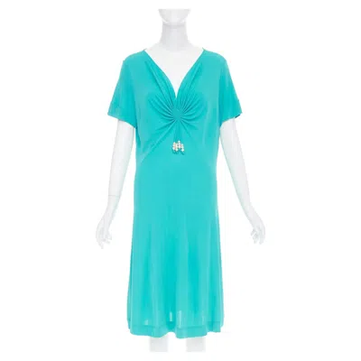 Pre-owned Escada Vintage Ruched Bust Turquoise Short Sleeve Beaded Jersey Midi Dress Fr44 In Blue