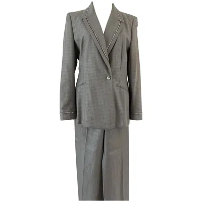 Pre-owned Escada Vintage Suit Rhinestones Blazer Trousers Skirt Wool Silk In Gray