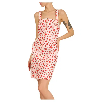 Pre-owned Escada Vintage White Red Heart Print Button Up Denim Jean Sleeveless Dress