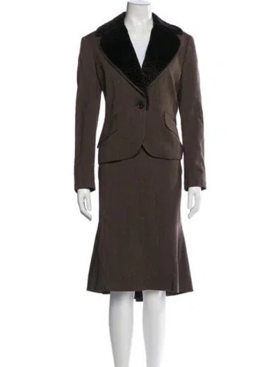 Pre-owned Escada Virgin Wool Faux Fur Trim Skirt Suit In Brown
