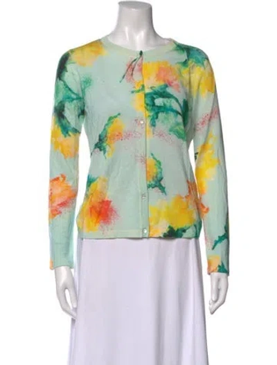 Pre-owned Escada Virgin Wool Floral Print Button-up Top In Green