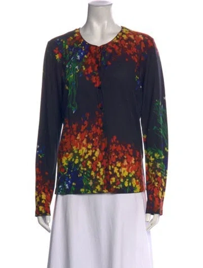 Pre-owned Escada Virgin Wool Floral Print Sweater W/ Tags In Blue