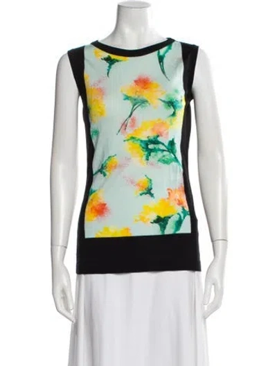 Pre-owned Escada Virgin Wool Floral Print Top In Black