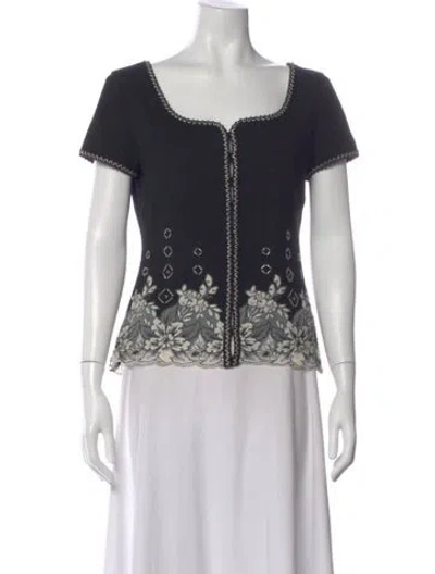 Pre-owned Escada Virgin Wool Floral Print Top In Black