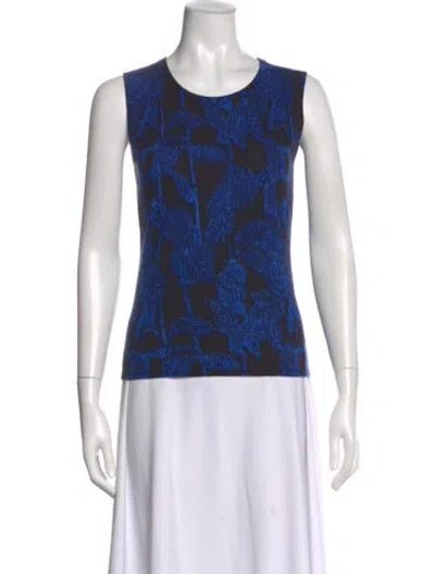 Pre-owned Escada Virgin Wool Floral Print Top In Blue