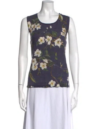 Pre-owned Escada Virgin Wool Floral Print Top In Blue