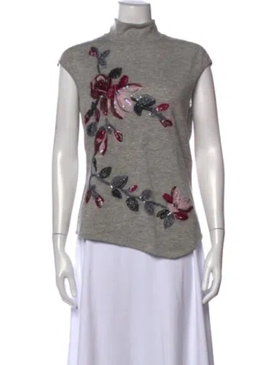 Pre-owned Escada Virgin Wool Floral Print Top In Gray