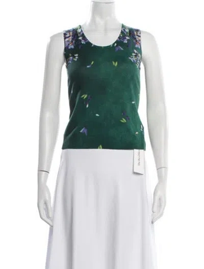 Pre-owned Escada Virgin Wool Floral Print Top In Green