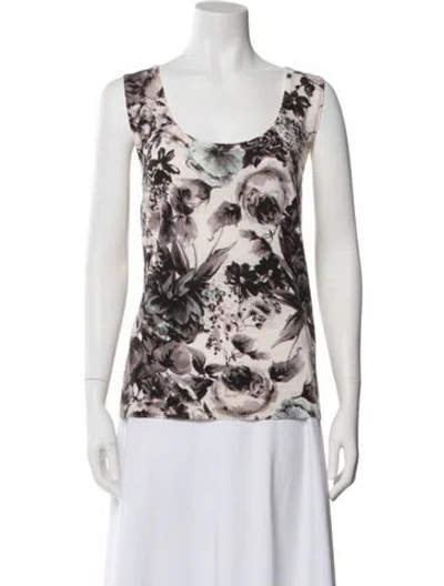 Pre-owned Escada Virgin Wool Floral Print Top In White