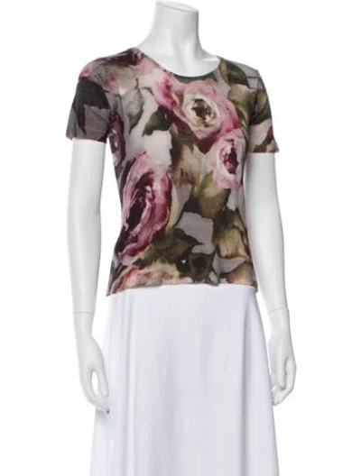 Pre-owned Escada Virgin Wool Floral Print Top In White