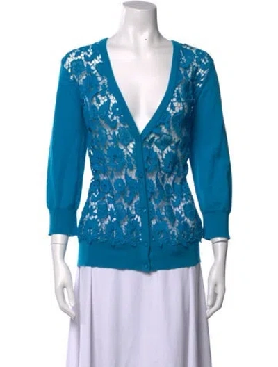 Pre-owned Escada Virgin Wool Lace Pattern Button-up Top In Blue