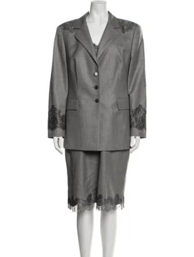 Pre-owned Escada Virgin Wool Lace Trim Embellishment Dress Set In Grey/metallic