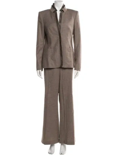 Pre-owned Escada Virgin Wool Leather Trim Embellishment Pantsuit In Brown