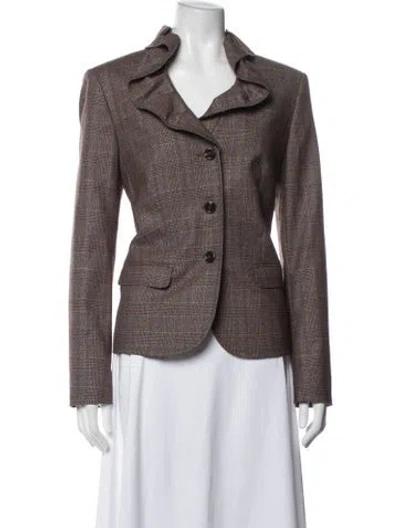 Pre-owned Escada Virgin Wool Plaid Print Blazer In Brown