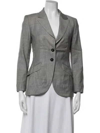 Pre-owned Escada Virgin Wool Plaid Print Blazer In Grey