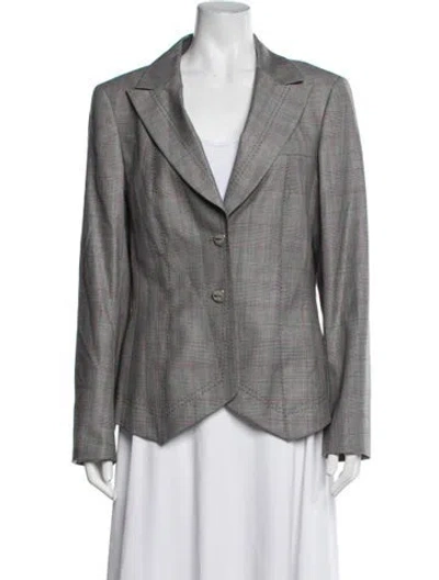 Pre-owned Escada Virgin Wool Plaid Print Blazer In Grey