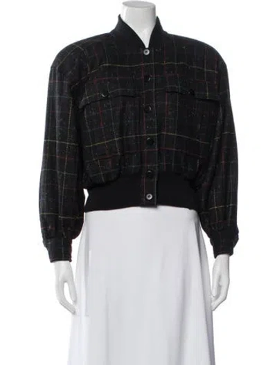 Pre-owned Escada Virgin Wool Plaid Print Bomber Jacket In Black