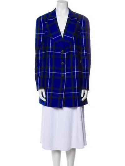 Pre-owned Escada Virgin Wool Plaid Print Coat In Blue