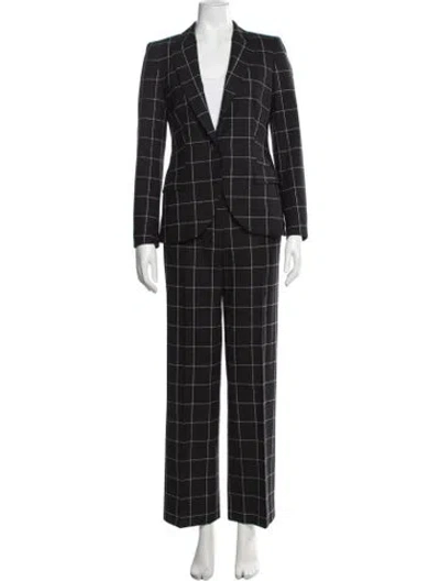 Pre-owned Escada Virgin Wool Plaid Print Pantsuit In Black
