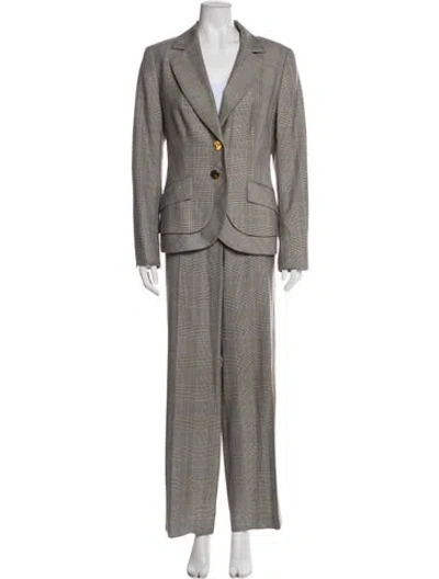 Pre-owned Escada Virgin Wool Plaid Print Pantsuit In Gray