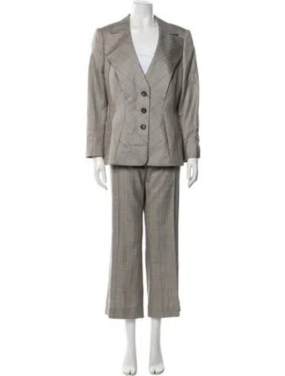 Pre-owned Escada Virgin Wool Plaid Print Pantsuit In Gray