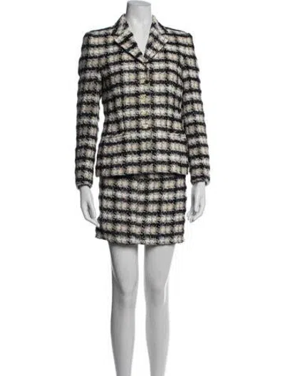 Pre-owned Escada Virgin Wool Plaid Print Skirt Set In Blue
