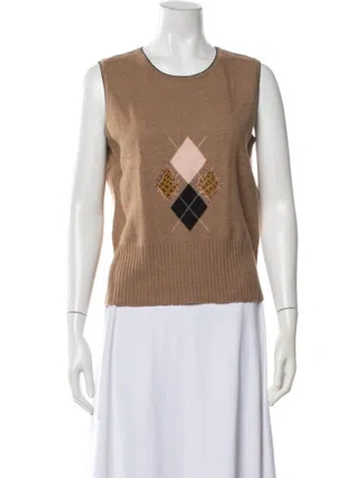 Pre-owned Escada Virgin Wool Plaid Print Sweater In Brown/neutrals