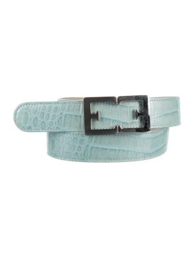 Pre-owned Escada Waist Belt Embossed Leather Belt Kit In Blue/metallic