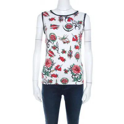 Escada White True Love Print Cotton Sleeveless Top In Multi