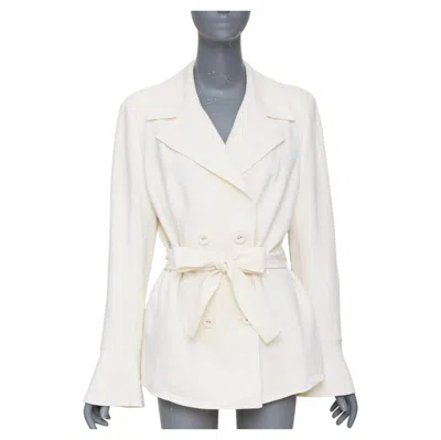 Pre-owned Escada Wool Blend Double Breasted Belted Flared Bell Sleeve Jacket Coat Fr44 Xl In Gray