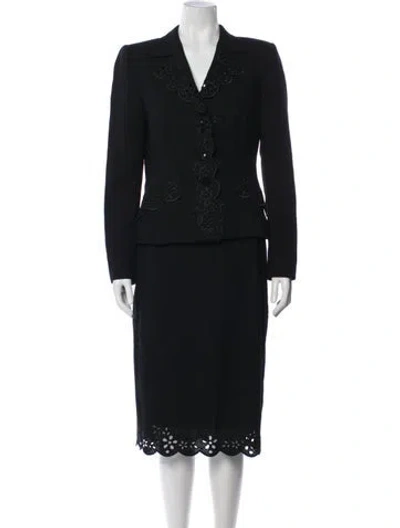 Pre-owned Escada Wool Eyelet Trim Skirt Suit In Blue/metallic