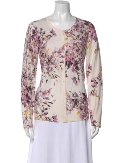 Pre-owned Escada Wool Floral Print Sweater In White