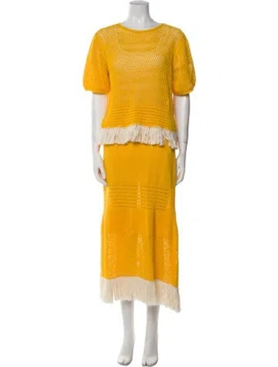Pre-owned Escvdo Colorblock Pattern Fringe Trim Accent Skirt Set In Yellow