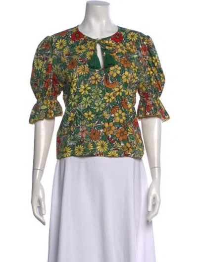 Pre-owned Escvdo Floral Print Tie Neck Blouse In Green
