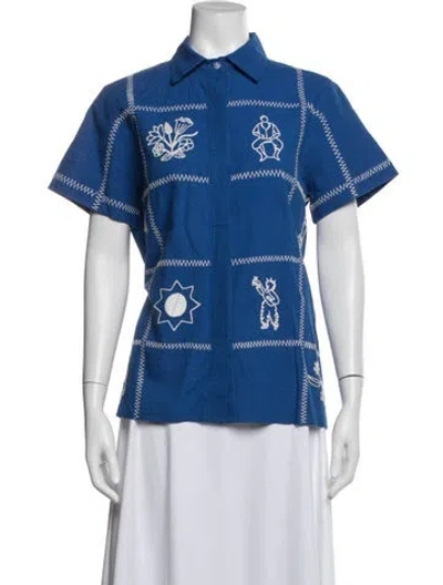 Pre-owned Escvdo Graphic Print Short Sleeve Button-up Top In Blue/white