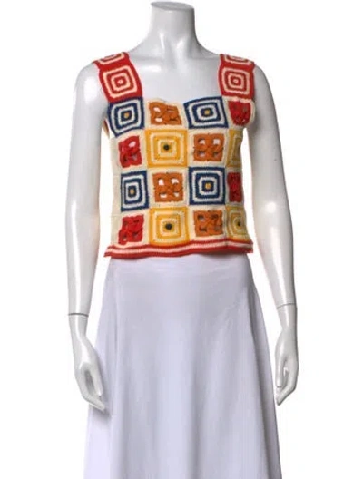 Pre-owned Escvdo Patterned Square Neckline Top In Multicolor