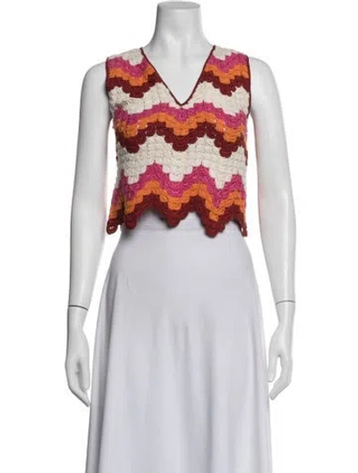 Pre-owned Escvdo Patterned V-neck Crop Top In White