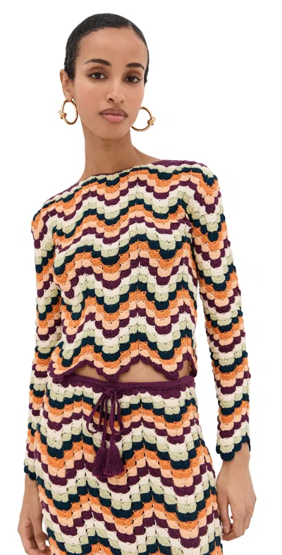 Escvdo Safi Pesca Scalloped Striped Crocheted Organic Cotton Top In Multi