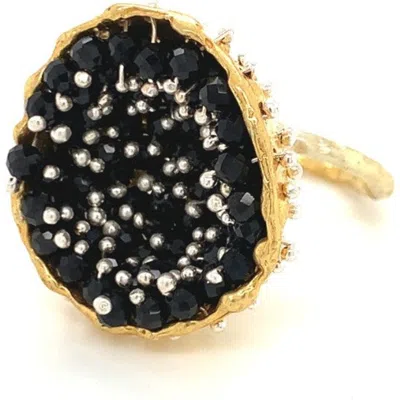 Esin Akan Dance Of Stamens Medium Ring, Gold Plate Hollow Bezel With Black Spinel
