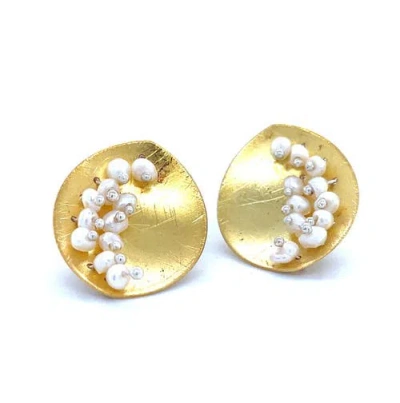 Esin Akan Leaf Mars Earring, Sterling Silver With Gold Plate And Fresh Water Pearls