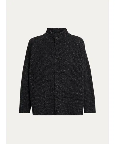 Eskandar 3/4 Width High Neck Cardigan - Mid Length In Black