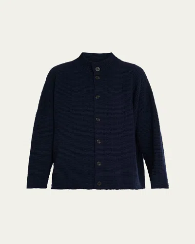Eskandar 3/4 Width High Neck Cardigan- Mid Length In Navy