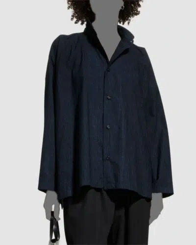 Pre-owned Eskandar $650  Women Black Velvet Pinstripe Blouse Shirt Top Shirt Size 1