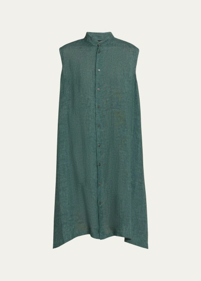 Eskandar A-line Collarless Sleeveless Shirt Dress In Tealgreen