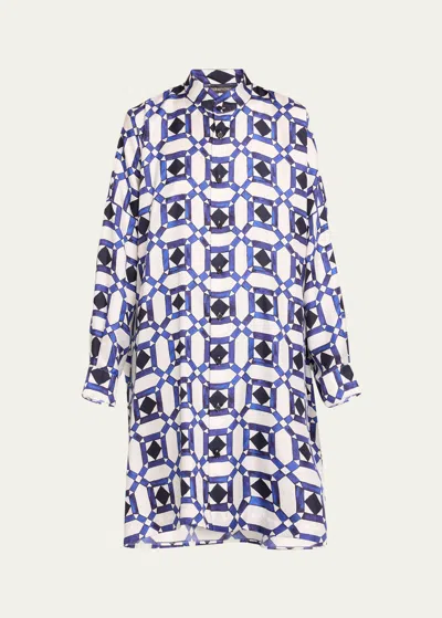Eskandar Abstract Wide Collarless Blouse (very Long Length) In Lapis