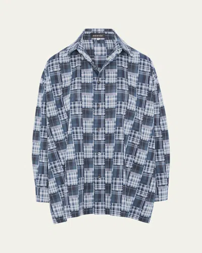 Eskandar A-line Patchwork Plaid Cotton Shirt In Animal Print
