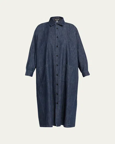 Eskandar Angle To Front Side Seam Shirt Dress With Collar In Jean Dark