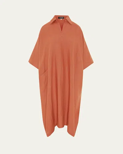 Eskandar Angle To Front Side Seam Short Sleeve Dress With Collar In Orange